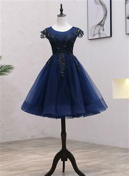 Picture of Navy Blue Tulle Beaded Knee Length Cap Sleeves Prom Dresses, Blue Homecoming Dresses